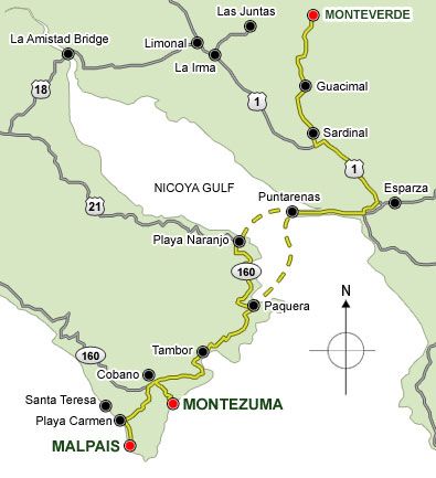 monteverde to montezuma and Malpais map